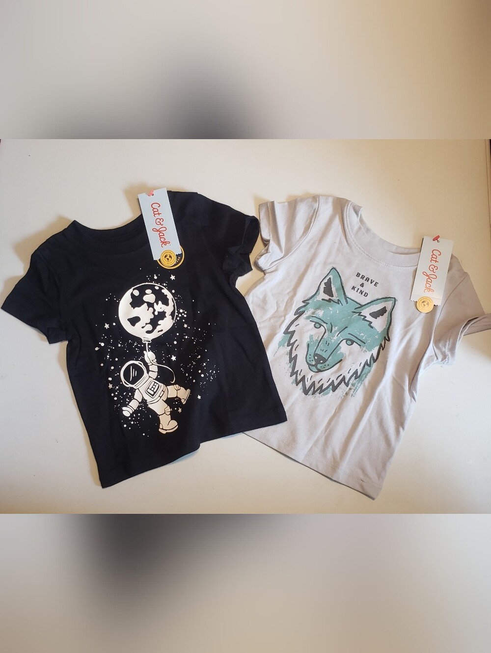 Cat & Jack Black Astronaut Tee + Gray Wolf 'Brave & Kind' Tee